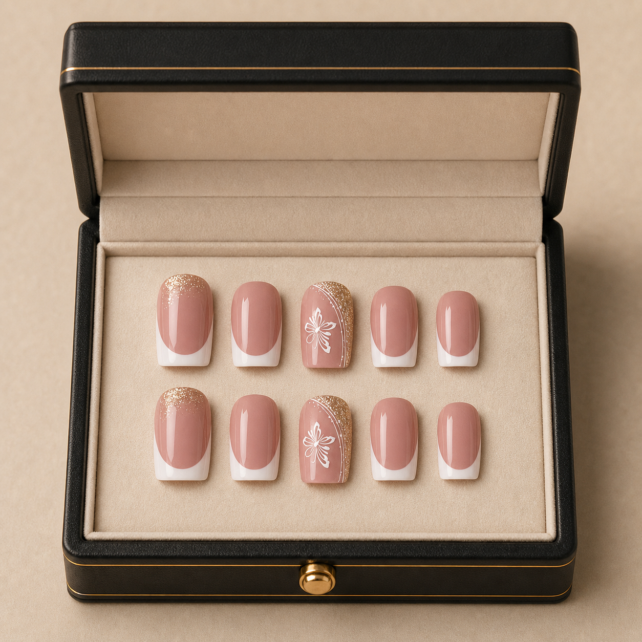 Golden Butterfly press-on nails in the LPL black presentation case
