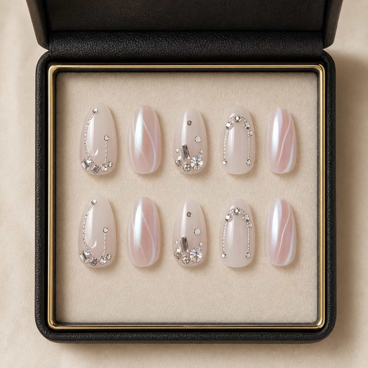 Pearl Chrome press-on nails in the LPL black presentation case