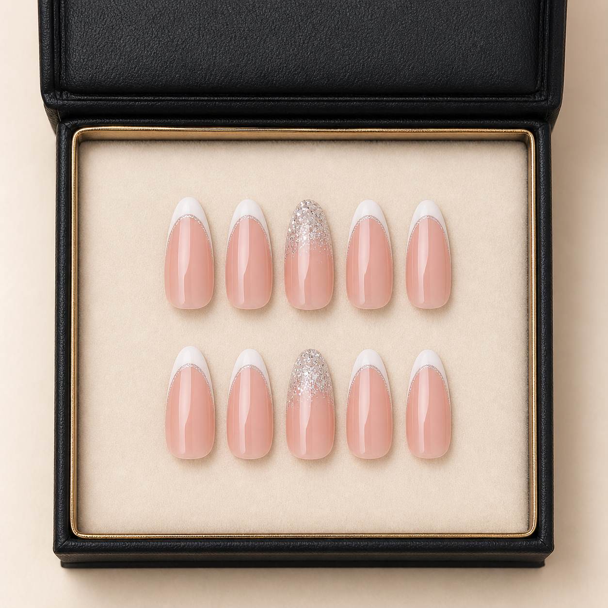 Silver Tip press-on nails in the LPL black presentation case